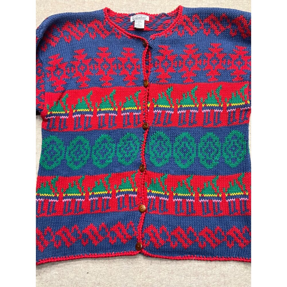 Vintage Gallagher Ramie Cotton Cardigan Holidays Knit Sweater Medium Pattern - Picture 4 of 8